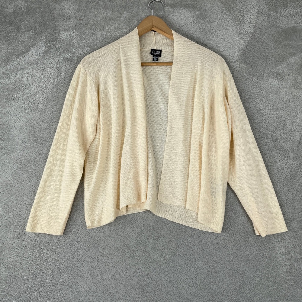 Eileen Fisher Cardigan Womens Petite Large Cream Italian Wool Knit Open Wrap
